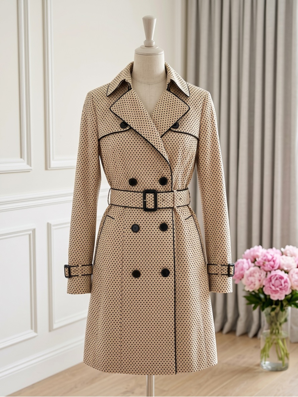 White House Black Market Beige Polka Dot Trench Coat with Black Trim